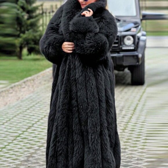 Black elegant luxe Women's plush Faux Fur long Jacket Coat - Picture 2 of 7